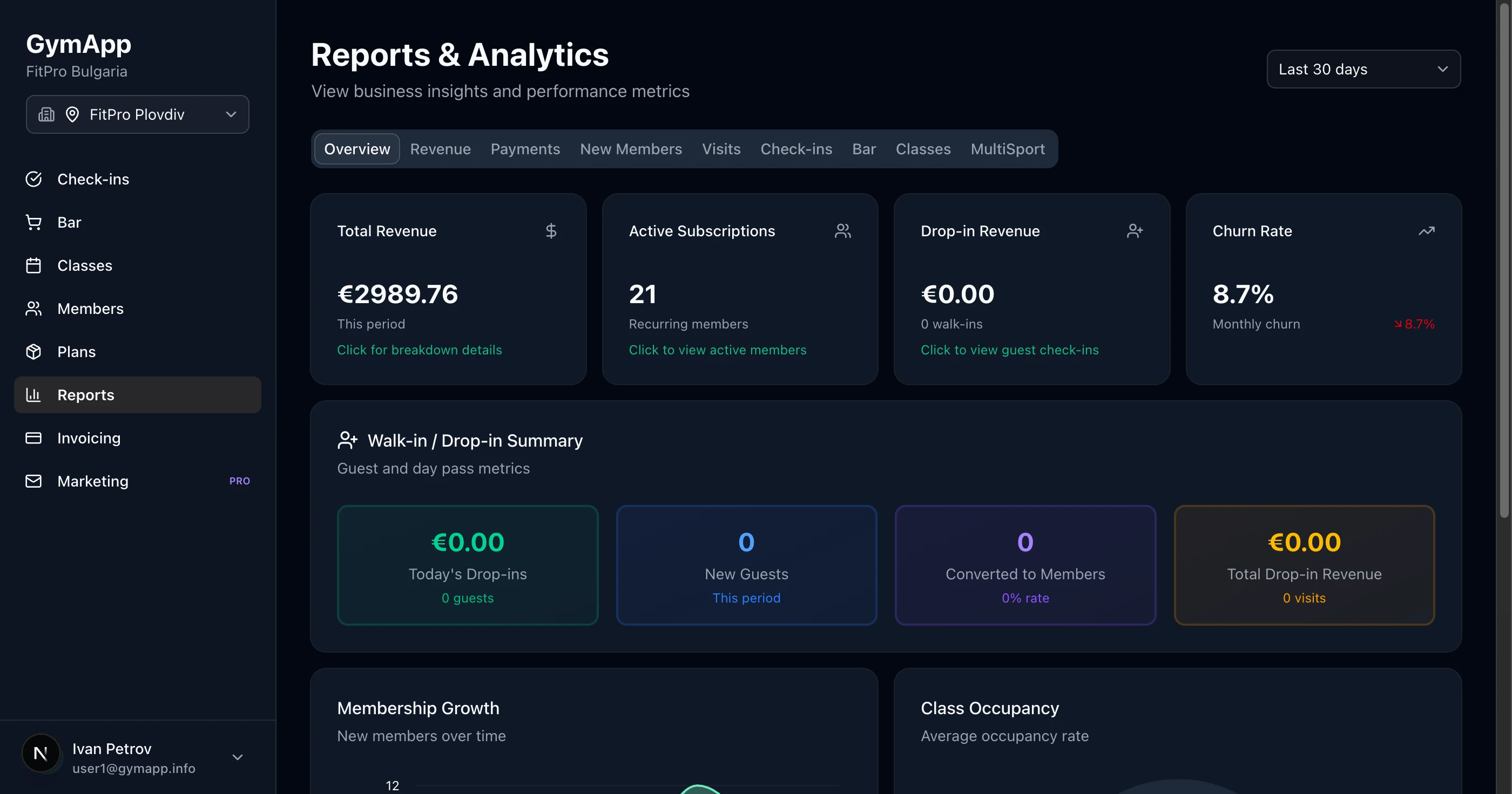 Преглед на таблото на GymApp